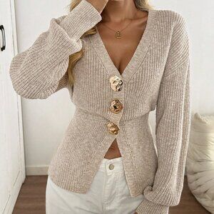 Apricot Casual Women's Elegant Cinched Waist Dropped Shoulder Cardigan